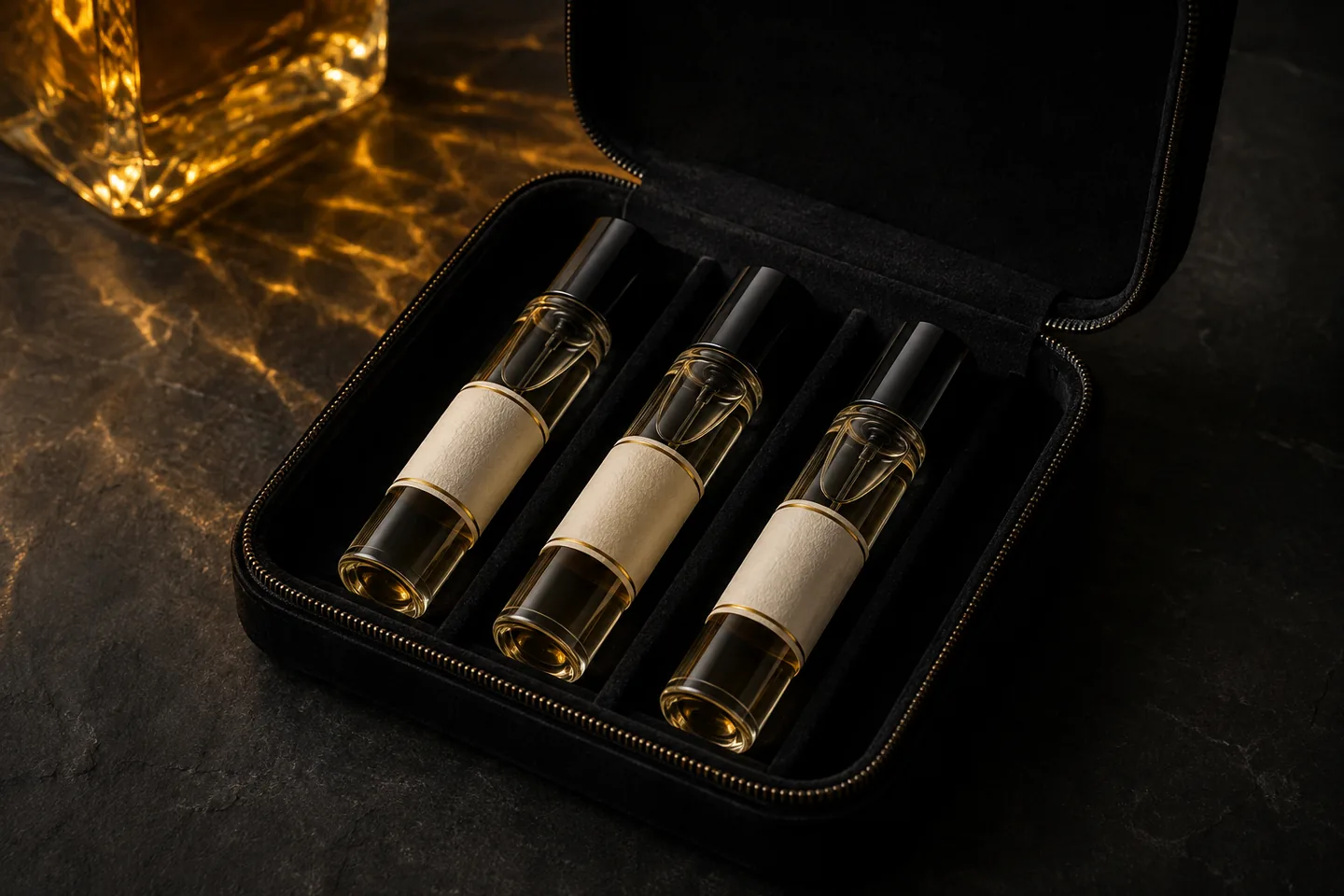 Tres decants terminados y acomodados en un estuche negro de viaje