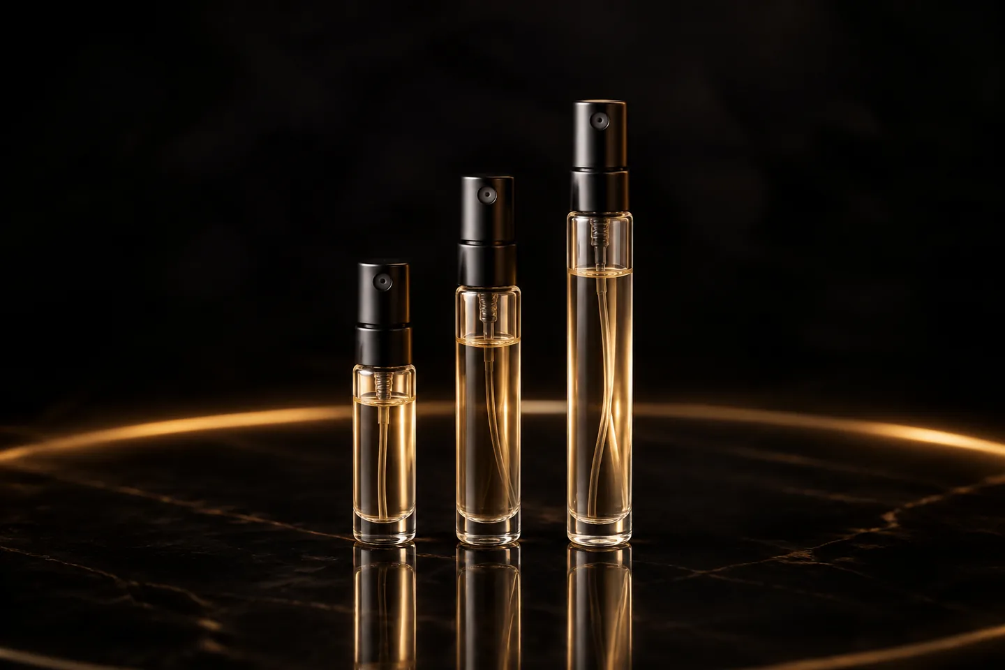 Tres atomizadores de decant de distintos tamaños con perfume color ámbar