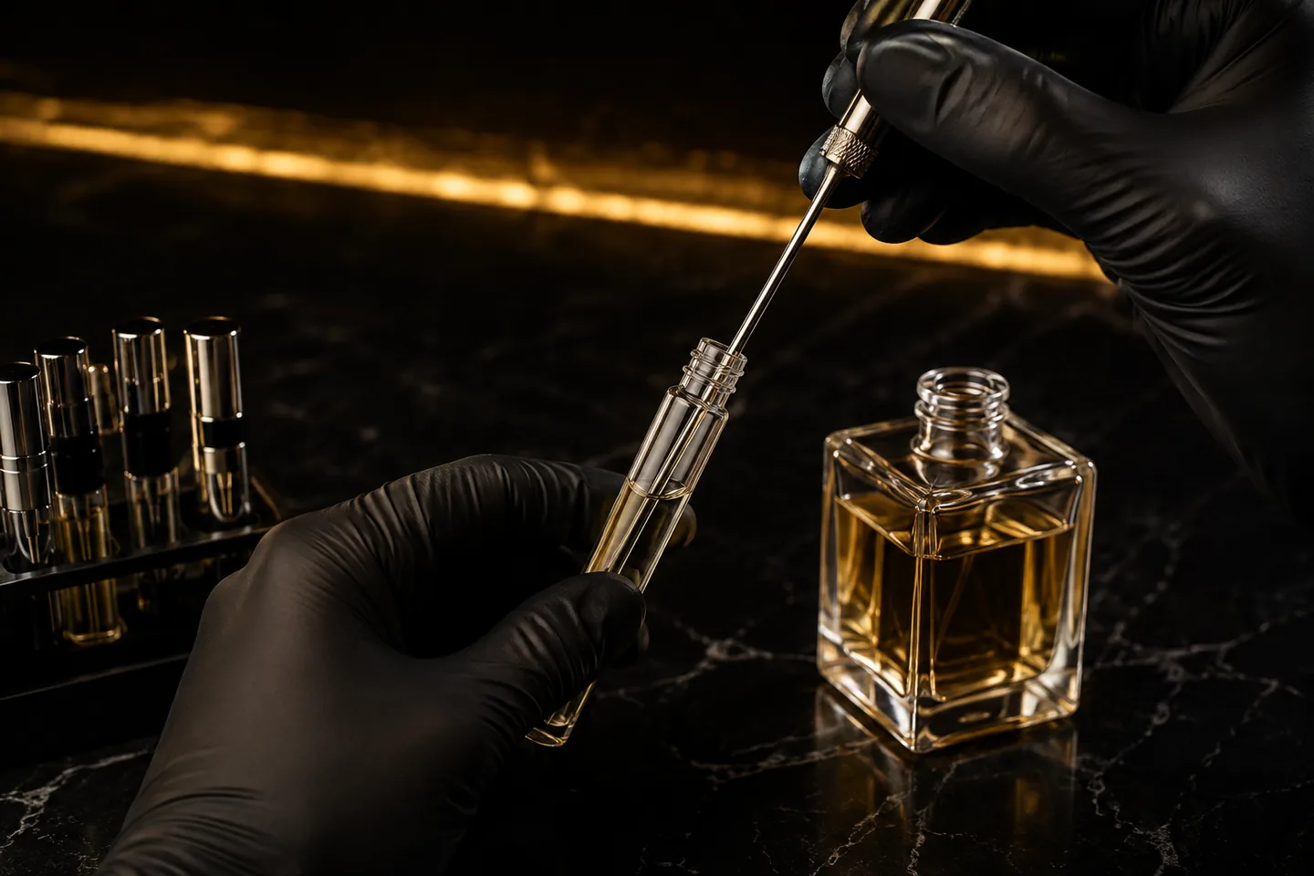Manos con guantes negros trasvasando perfume desde su frasco a un atomizador nuevo